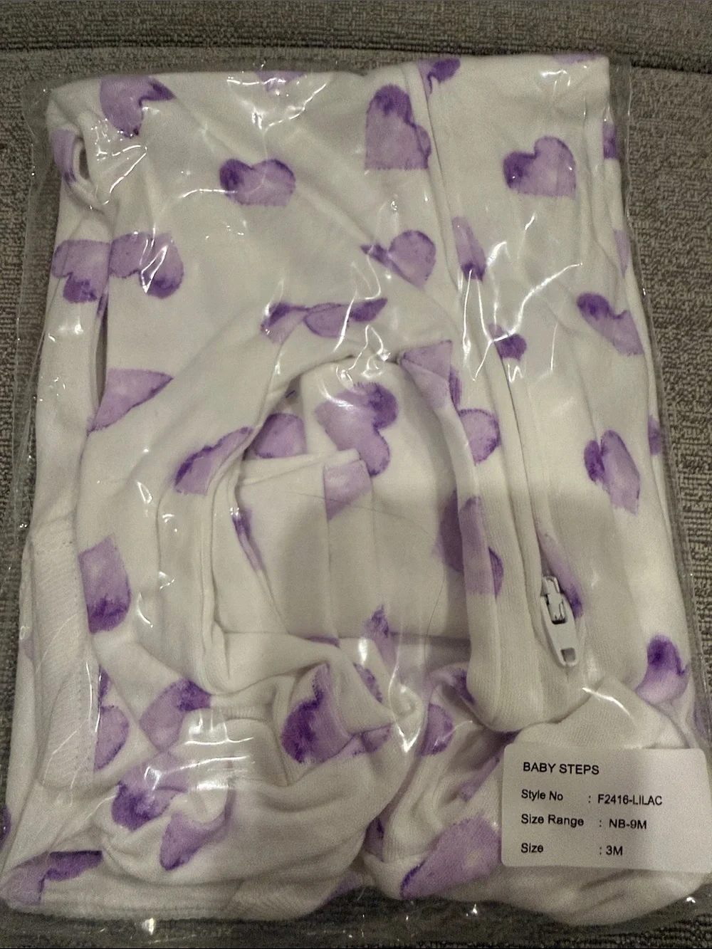 Baby Girl Baby Steps Pjs. Purple Hearts. Footie. Zip closure.